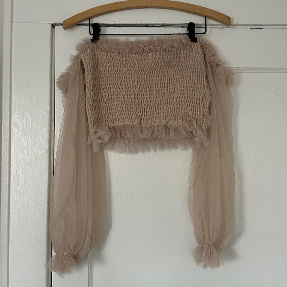 MABLE Ruffled Smocked Off-Shoulder Crop Top - Picture 6 of 9